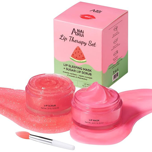 Lip Mask Set, Lip Scrub & Lip Butter, Overnight Lip Treatment Set Enriched With Skin Softening Ceramide & Watermelon and Hydrating Shea Butter, For A Softer & Smoother Pout-VivaGrace Women
