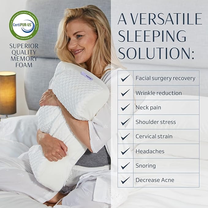 YourFacePillow, Back Sleeper Beauty Pillow, Cervical Neck Pillow Contour Memory Foam Pillow, Ergonomic Neck, Back & Shoulder Support. Back Sleeping Reduces Pressure on Skin - Cooling with Satin Case-VivaGrace Women