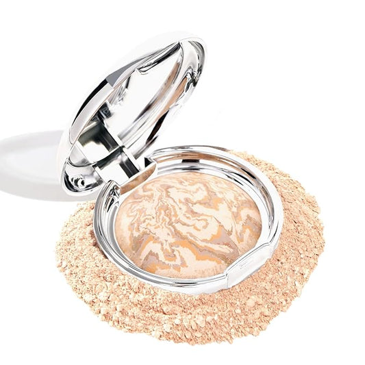Marbleized Baked Foundation Makeup, Balance and Brighten Color Correcting Powder Foundation - Buildable Light to Medium Coverage - Demi-Matte Natural Finish (#001 FAIR, 0.32 Oz)-VivaGrace Women