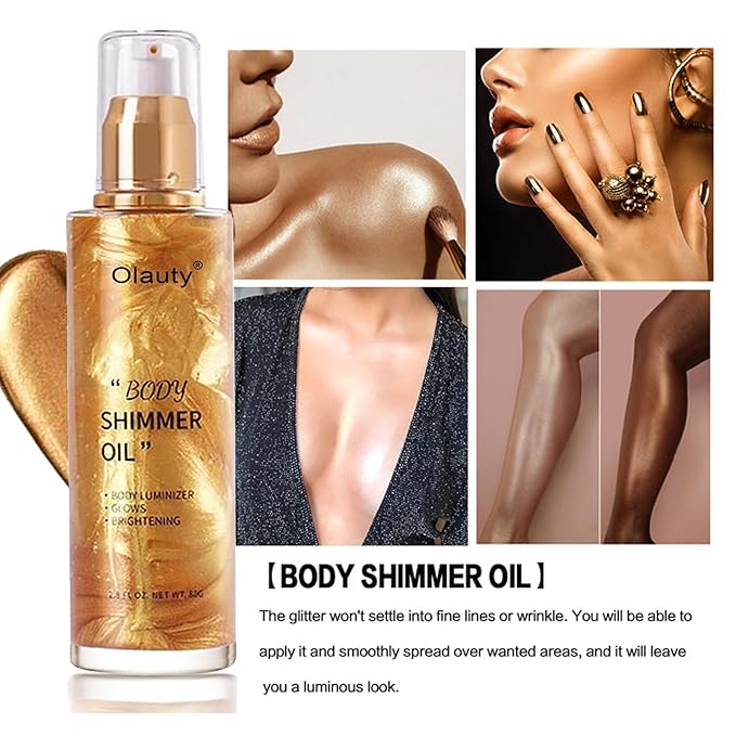 Shimmer Body Oil,Face and Body Liquid Luminizer,Waterproof Moisturizing Light Shimmer Glow Illuminator,Smooth Body Shimmer,Liquid Highlighter Makeup (Golden Brown)-VivaGrace Women
