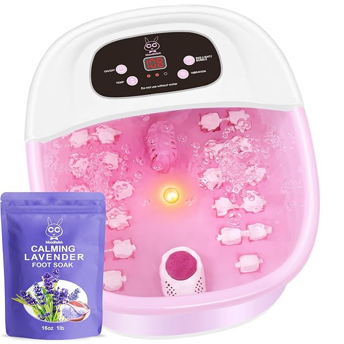 Foot Spa Bath Massager with Heat Bubbles and Vibration Massage and Jets, 16 OZ Calming Lavender Foot Soak Epsom Salt, Foot Soaker with Red Light, 22 Massage Rollers, Adjustable Temp - Pink-VivaGrace Women