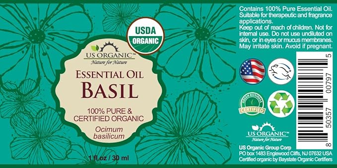 US Organic 100% Pure Basil Essential Oil - USDA Certified Organic, Steam Distilled W/Euro droppers (More Size Variations Available) (30 ml / 1 fl oz)-VivaGrace Women
