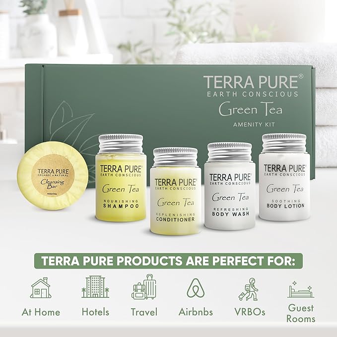Terra Pure Green Tea Amenity Kit | Boxed Hotel Toiletries | Bulk Set 1oz Travel Size Shampoo, Conditioner, Lotion, Body Wash & Body Bar Soap for Guest Hospitality AirBnB/Vacation Rentals | 1 set/ case-VivaGrace Women