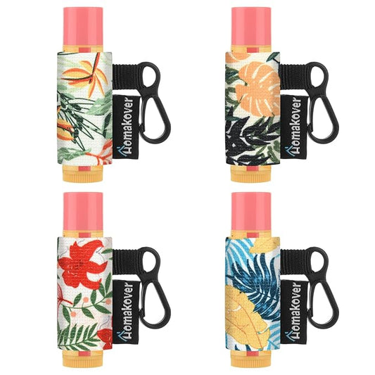 4 Pack Compact Clip-On Chapstick Holder Lip Balm Holder Keychain, Premium Release Clip Elastic Sleeves Lip Gross Holder Keychain Clip On Lipstick Sleeve, Fits Most Standard Lip Balm-VivaGrace Women