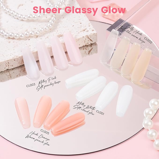 Jelly Gel Nail Polish Kit with U V Light, Hema-Free Milky Jelly White Pink Nude Orange Gel Polish Set with Base & Top Coat Chrome Nail Powder, 4 Colors Mini Salon Nail Art Starter Gift for Women Girl-VivaGrace Women