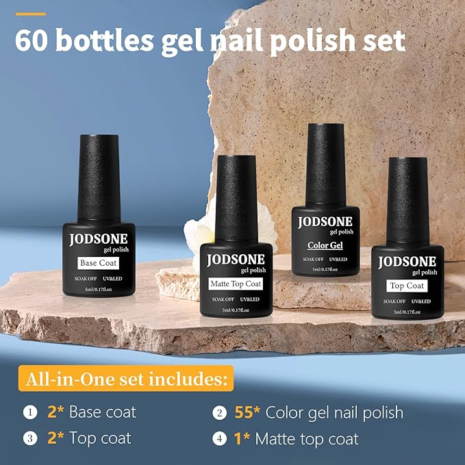 JODSONE 60 PCS Gel Nail Polish Set All Seasons No Wipe Base Coat Matte Glossy Top Coat Nail Gel Polish Kit for Starter Manicure DIY at Home Enjoy Fun-VivaGrace Women