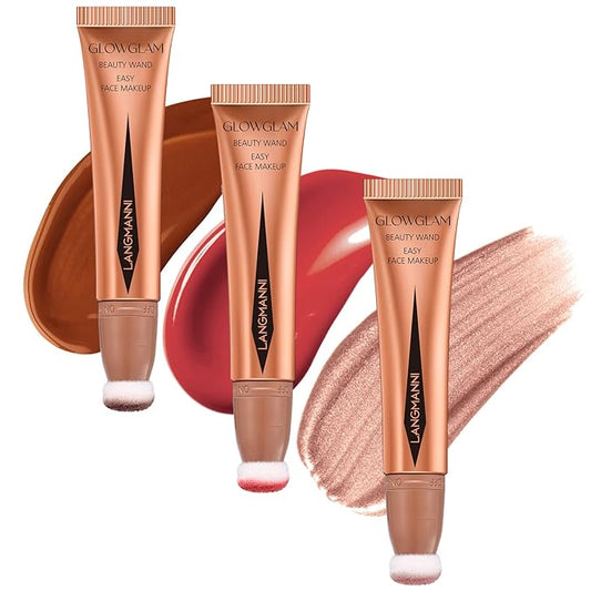 LANGMANNI Liquid Contour Beauty Wand, Face Concealer Contouring,Highlighter,Blusher Stick with Big Cushion Applicator.Cream Contour Stick For Finish Face Contour Makeup. (#02+#04+#06)-VivaGrace Women