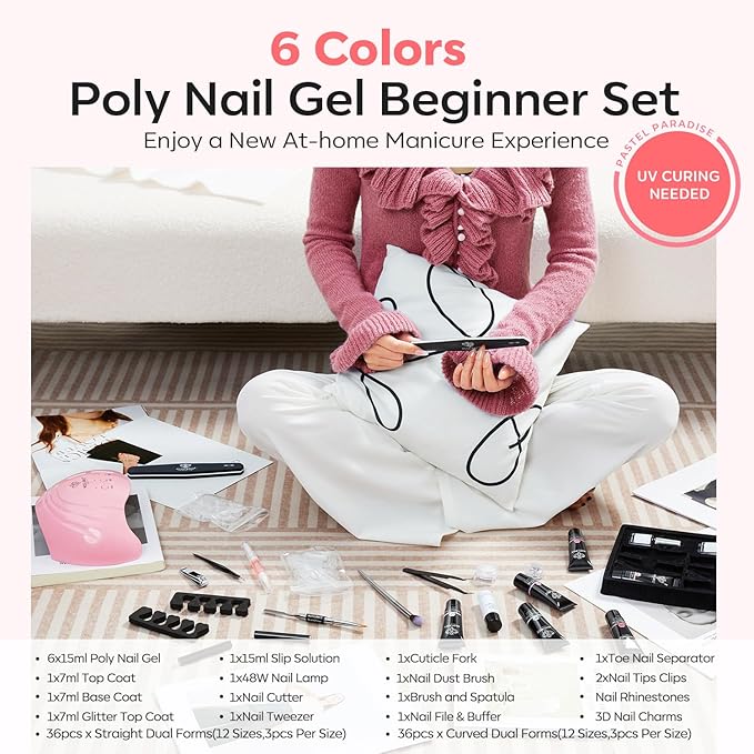 Modelones Poly Extension Gel Nail Kit, 6 Colors Pink Nude with 48W U V/LED Lamp Slip Solution 3D Bow Pearl Charms Decoration Rhinestone Glitter Tools for Manicure Beginner Starter Kit DIY at Home-VivaGrace Women