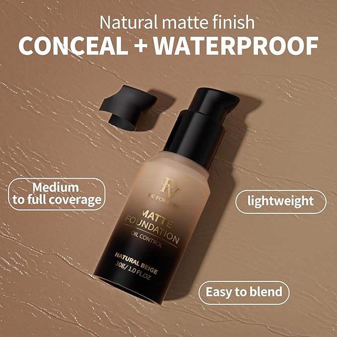 FV Full Coverage Liquid Foundation, Lightweight & Concealing, Long Lasting Matte Foundation Makeup with Flawless Finish, Oil Control Waterproof Foundation for Oily Skin (Natural Beige Matte)-VivaGrace Women