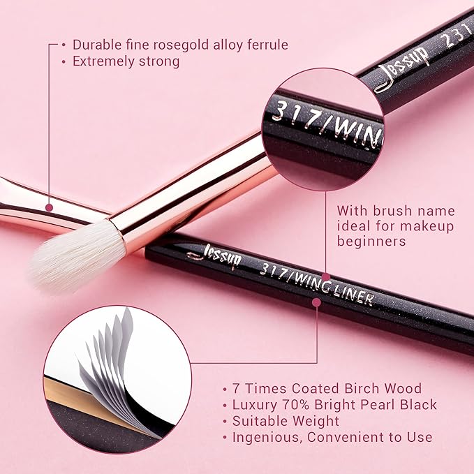 Jessup 15Pcs Professional Makeup Brushes Set Make up Brush Tools kit Eye Liner Shader Wood Handle Natural-synthetic Hair Brushes Pearl Black/Rose Gold T157-VivaGrace Women