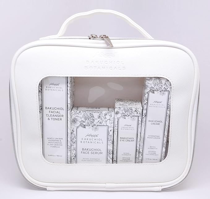 Bakuchol Botanicals Gift Set with Travel Case, Includes Face Serum, Toner & Cleanser All-in-One, Eye Cream, Moisturizer-VivaGrace Women