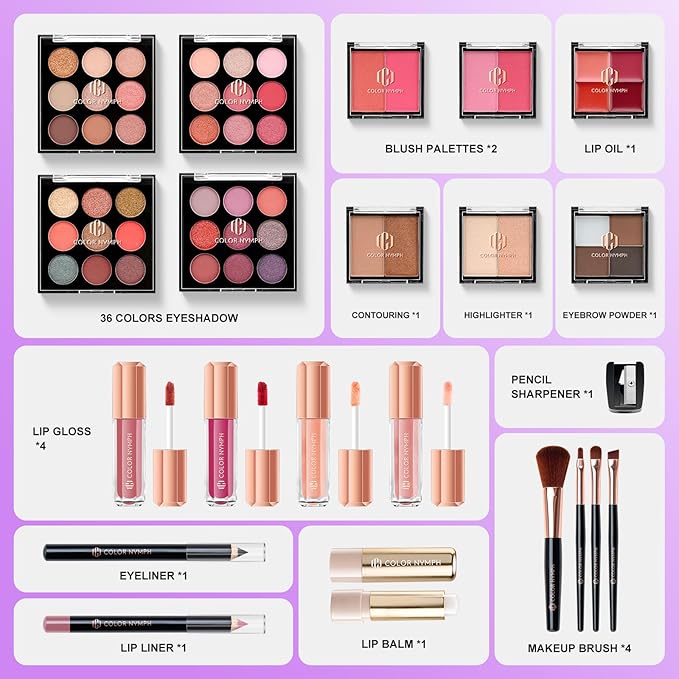Color Nymph All in one Makeup Kit For Girls Teens, Makeup Set 4 Trays Spacious Space Train Case for Beginner with Eyeshadow Highlighter Lipgloss Blush Contour Concealer Brush Eyeliner Lipbalm-VivaGrace Women
