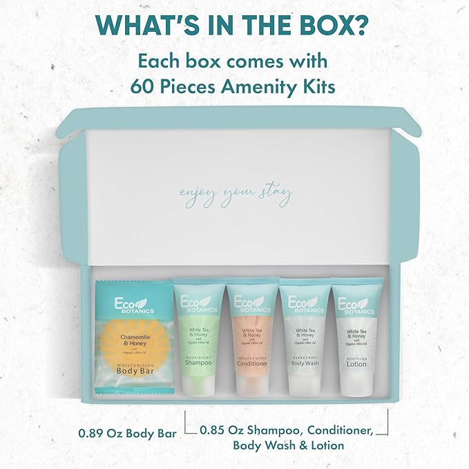 Eco Botanics Amenity Kit | Boxed Hotel Toiletries | Bulk Set .85 oz Travel Size Shampoo, Conditioner, Lotion, Body Wash & Body Bar Soap for Guest Hospitality AirBnB/Vacation Rentals | 60 sets per case-VivaGrace Women