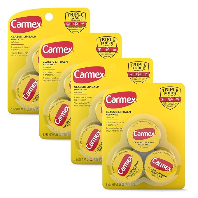Carmex Medicated Lip Balm Jar, Lip Moisturizer for Dry, Chapped Lips, 0.25 OZ - (4 Packs of 3)-VivaGrace Women