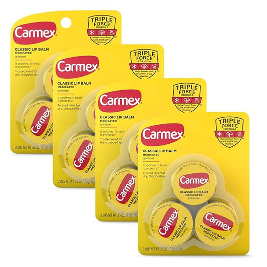 Carmex Medicated Lip Balm Jar, Lip Moisturizer for Dry, Chapped Lips, 0.25 OZ - (4 Packs of 3)-VivaGrace Women