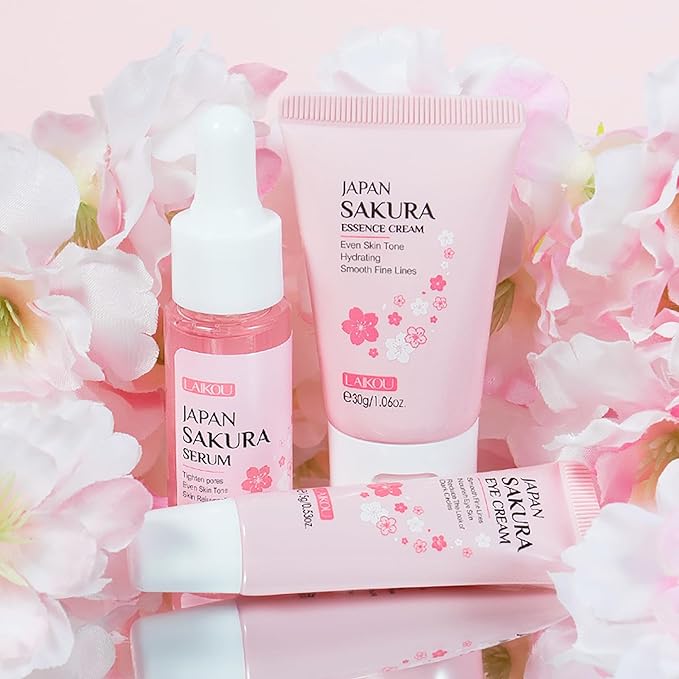 Skin Care Set JAPAN SAKURA Women Beauty Gift Sets Skin Care Kit with Serum, Eye Cream, Face Cream Travel Kit for Women Wife Mom Teen Girls TSA-friendly Sizes Birthday Gift 3pcs-VivaGrace Women