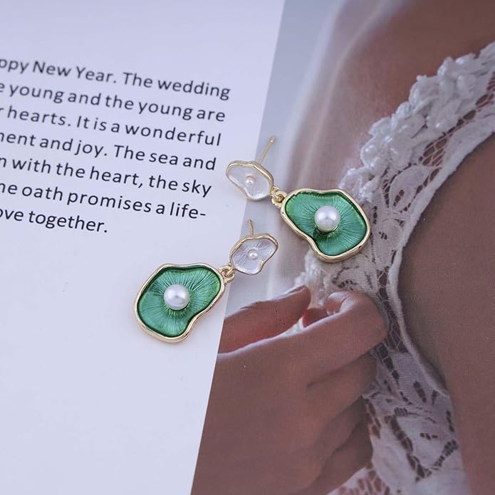 Vintage Lotus leaf Pearl Drop Earrings Green Lotus Leaf Earrings Green Enamel Flower Earrings Gold Irregular Pearl Earrings Jewelry for Women-VivaGrace Women