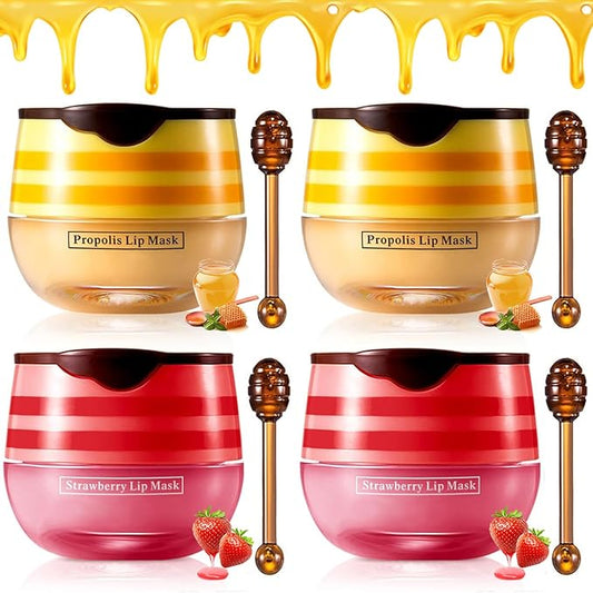 4PCS Strawberry & Honey Lip Balm, Hydrating Lip Propolis Sleeping Lip Mask, Moisturizing & Prevention Dry and Cracked Lip Scrubs Exfoliator, Lip Repair Nourishes the Lip Skin-VivaGrace Women