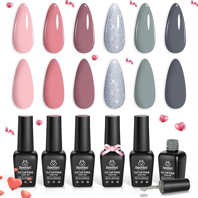 Beetles Gel Nail Polish Set 6 Colors Pink Nude Gray Glitter Gel Polish Wedding Nail Polish Bridesmaid Nail Art Design Soak Off Uv LED Lamp Needed Manicure Set Gifts for Women Bridesmaid Beauty-VivaGrace Women