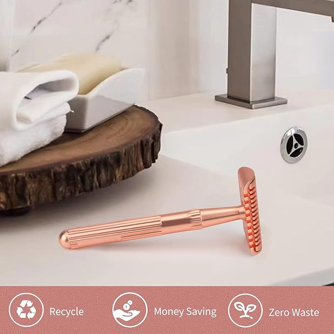 Matte Rose Gold Double Edge Safety Razor, Single Blade Razors for Women and Men, with 10 Stainless Steel Safety Razor Blades, Reusable, Smooth and Close Wet Shaving Kit, Plastic Free-VivaGrace Women