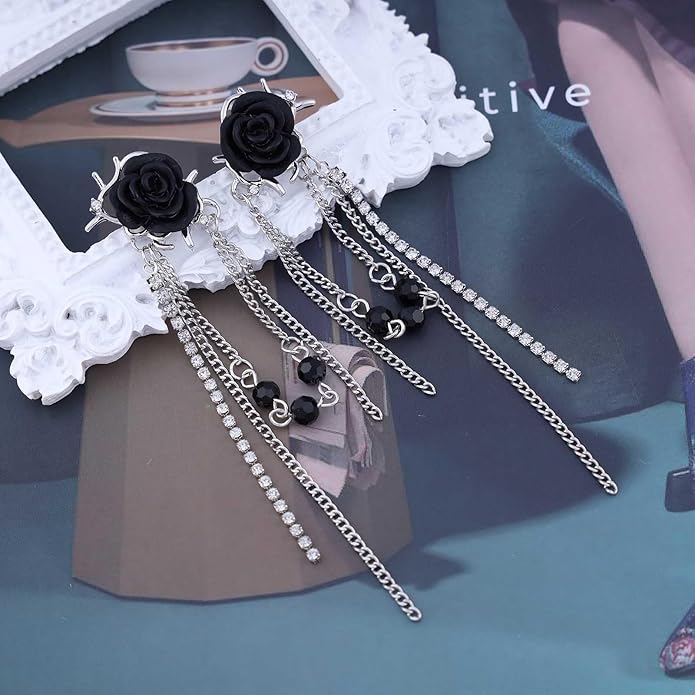 Punk Black Rose Flower Earring Long Rhinestone Chain Drop Earrings Silver Cz Tassel Chain Earrings Black Rose Flower Ear Cuff Earring Jewelry for Women-VivaGrace Women