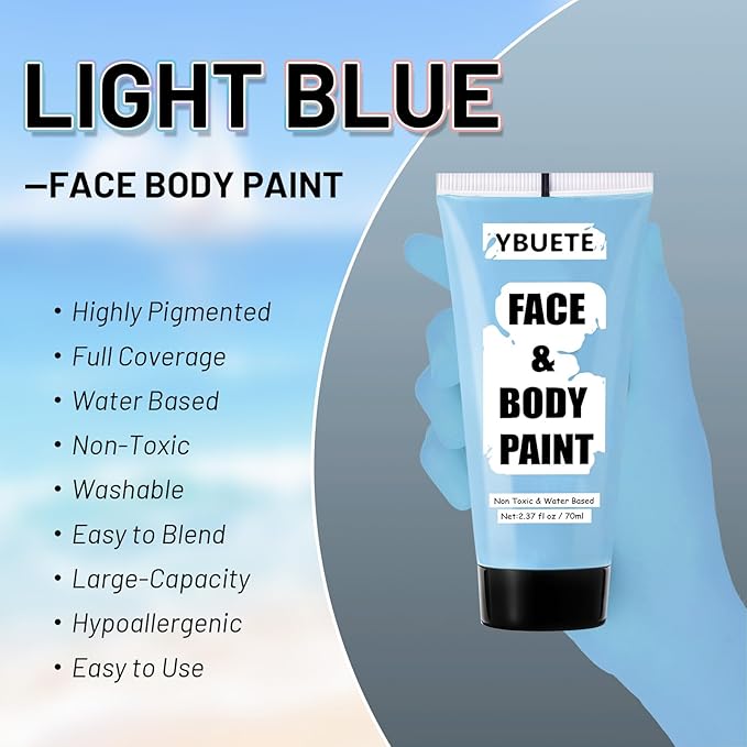 Light Blue Water Based Face Body Paint, 2.37 OZ Large Tube Full Coverage Face Paint for Corpse Bride Avatar Mermaid Cosplay Makeup,Washable Blue Body Painting for Adult Halloween SFX Makeup-VivaGrace Women