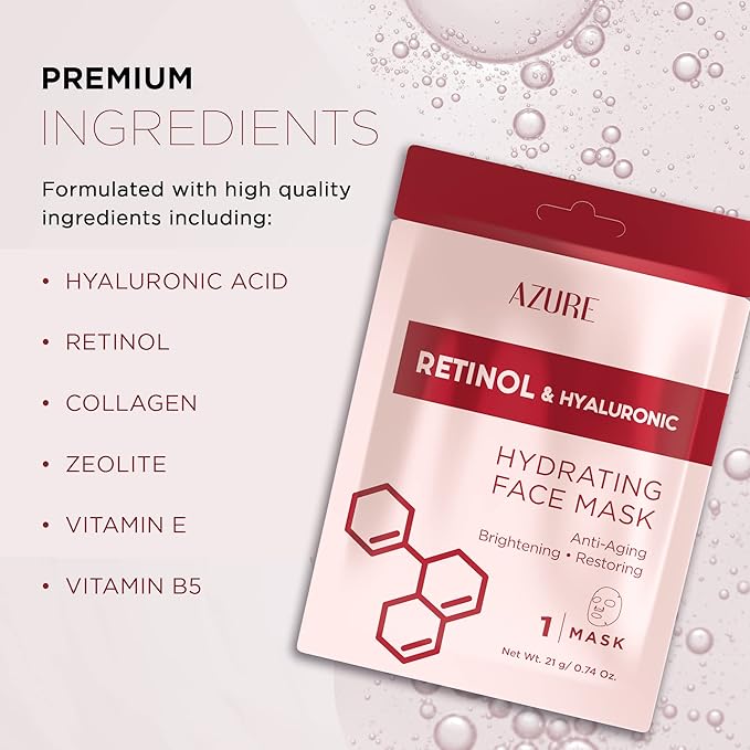 Azure Cosmetics Retinol & Hyaluronic Acid Anti Aging Facial Sheet - Rejuvenating & Hydrating Face Mask - Helps Reduce Fine Lines & Wrinkles, Smooths & Repairs - Made in Korea - Pack of 5-VivaGrace Women