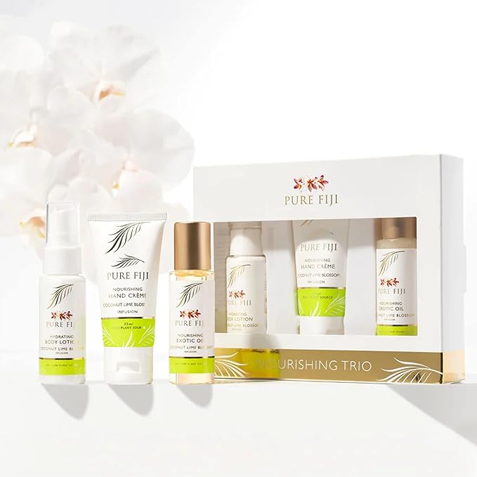 Pure Fiji Nourishing Trio, Ideal Spa Bath Gift Set for Women - Travel Kit - Includes Exotic Body Oil , Hydrating Body Lotion For Women and Nourishing Hand Cream, Coconut Lime Blossom Scent-VivaGrace Women