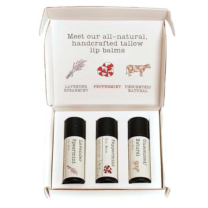 Handmade Tallow Lip Balm Collection: Unscented/Peppermint/Lavender-Spearmint (3x .33 oz)-VivaGrace Women