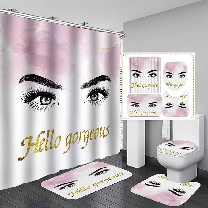 4PCS Hello Gorgeous Eyelash Shower Curtain Set, Gold Glitter Quotes Black Eyebrow Makeup Pink Marble Glam Modern Fashion Girly Women Bathroom Decor, Non-slip Bath Mat Toilet Rug, Charming Eyes-VivaGrace Women