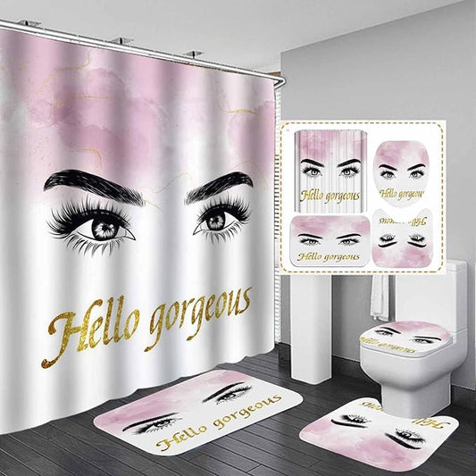 4PCS Hello Gorgeous Eyelash Shower Curtain Set, Gold Glitter Quotes Black Eyebrow Makeup Pink Marble Glam Modern Fashion Girly Women Bathroom Decor, Non-slip Bath Mat Toilet Rug, Charming Eyes-VivaGrace Women