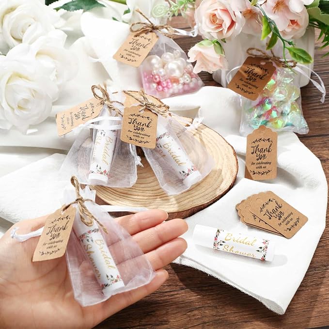 Demissle 50 Pcs Bridal Shower Lip Balm Gift Set with 100 Pcs Organza Bags Thank You Tags 20 Meters Rope wedding Party Favor for Guest Favors Gift Party Decoration Souvenirs(Floral)-VivaGrace Women