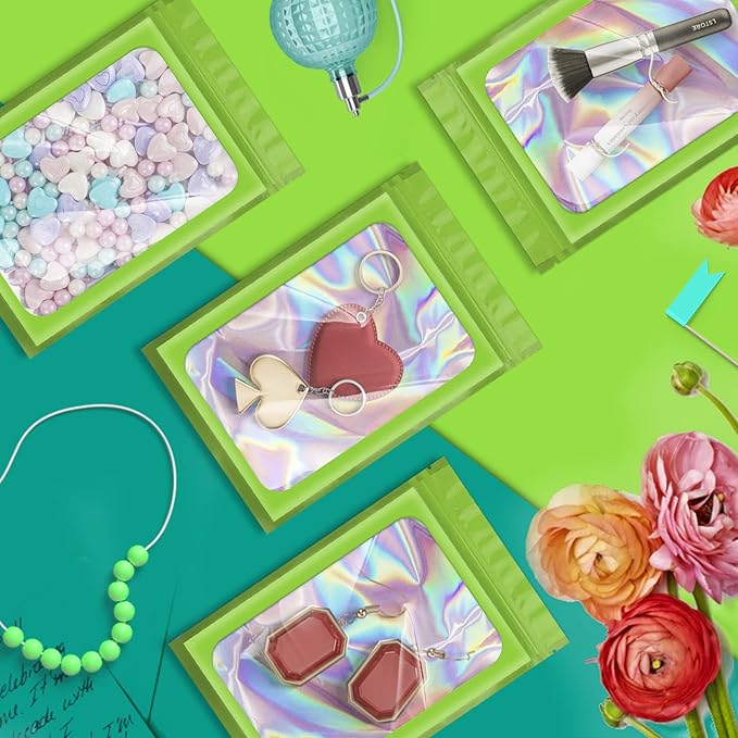 100 Pack Holographic Bags,Smell Proof Packaging Bags, Clear Window Resealable Odor Foil Pouch Mylar Bags for Food Storage and Lipgloss, Jewelry Lash(Green, 2.4 x 3.9 Inch)-VivaGrace Women