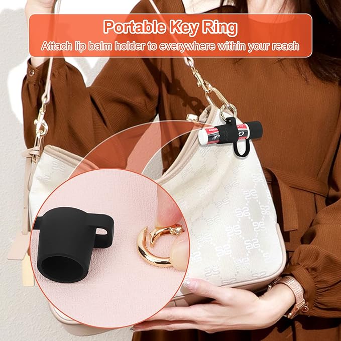 Desing Wish 2 PCS Silicone Lip Balm Holder with Cap Cover Portable Chapstick Holder Keychain Sleeve Lip Balm Key Chain with Key Ring and Wrist Strap Lanyard - Black-VivaGrace Women