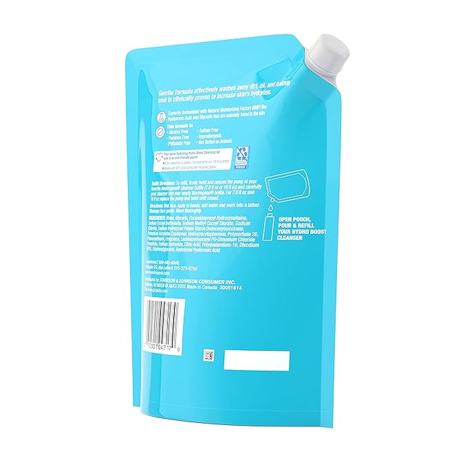 Neutrogena Hydro Boost Lightweight Hydrating Facial Cleansing Gel, Gentle Face Wash & Makeup Remover with Hyaluronic Acid, Hypoallergenic & Non Comedogenic, Refill Pouch, 16 fl. oz