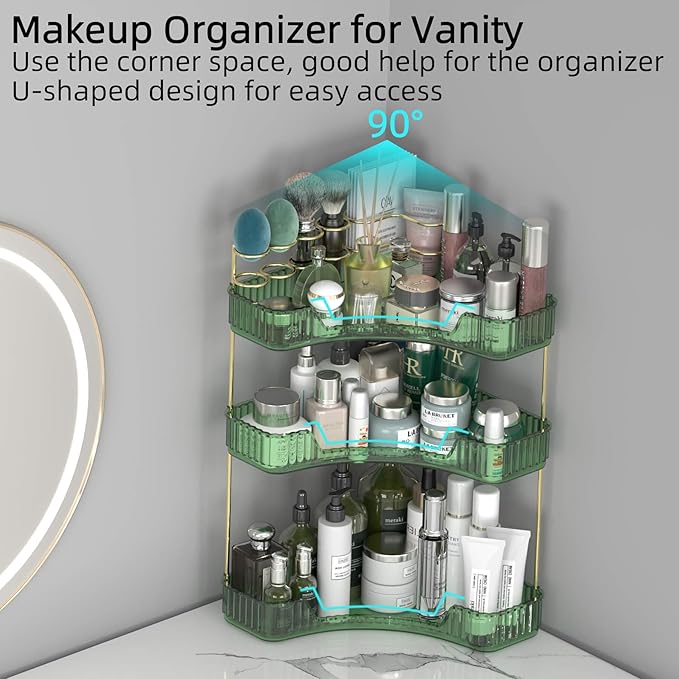 3 Tier Corner Bathroom Organizer Countertop, Vanity Makeup Organizer with Brush Holder, Space-Saving Skincare Storage Corner Shelf for Bathroom, Dressing Table, Kitchen-VivaGrace Women