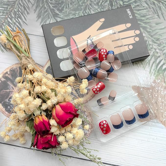 24Pcs 4th of July Press on Nails Short Square Fake Nails with Glitter American Flag Star Design Glue on Nails Blue French Tip False Nails Independence Day Patriotic Acrylic Nails Decoration Kit
