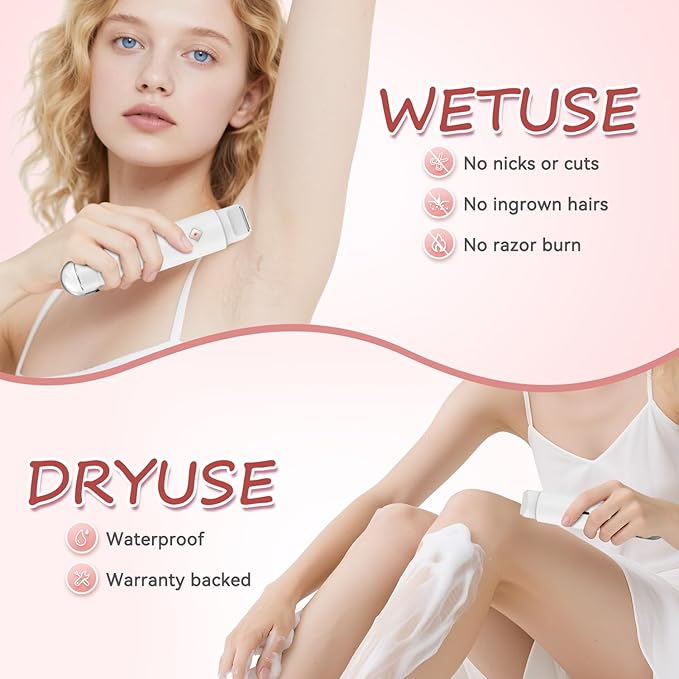 Bikini Trimmer for Women - 2 in 1 Electric Body Hair Trimmer for Silky Skin, Cordless Body Shaver for Travel, IPX7 Waterproof & Easy to Clean, Replaceable Ceramic Blade Heads (White)-VivaGrace Women