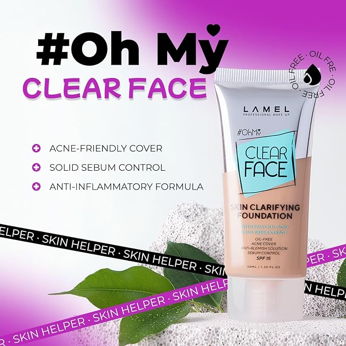 Lamel - Oh my Clear Face Foundation-404 Custard | Contains tea tree extract and salicylic acid |Controls sebum production |Anti-blemish formula |Oil free foundation | 40ml-VivaGrace Women