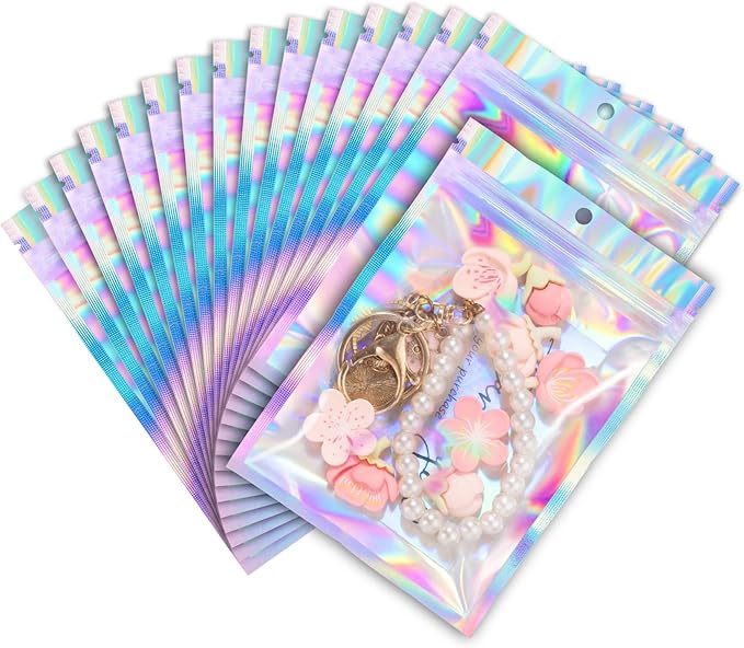 ANZNKU 100 Pack Mylar Bags Reasealable Holographic Bags, Smell Proof Bag Zipper Pouches with Clear Window, Jewelry Candy Sealable Bag for Packaging Sample Party Favor(7.1 x 10.2 Inch)-VivaGrace Women