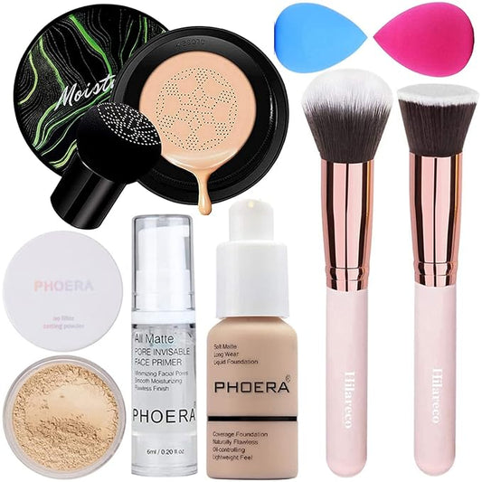 PHOERA Foundation Full Coverage Makeup, Mushroom Head Air Cushion CC Cream Natural Foundation, PHOERA Primer, PHOERA Powder, Brushes Foundation Brush,2 Makeup Sponge (101 Porcelain + 02Natural CC)-VivaGrace Women