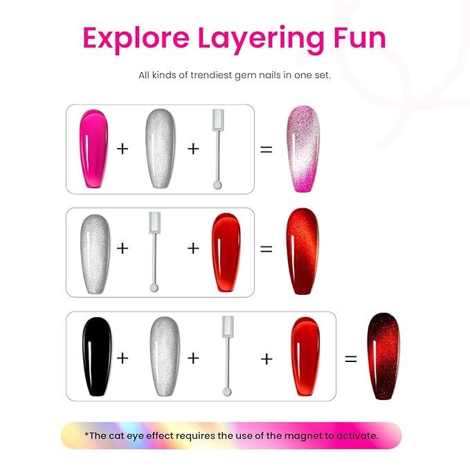 Beetles Gel Nail Polish Set, 6 Colors Silver Cat Eye Gel Polish Sheer Jelly Red Pink Yellow Green Black Neon Gel Translucent Glitter Effect with Magnet Soak Off UV Manicure Gifts for Women-VivaGrace Women