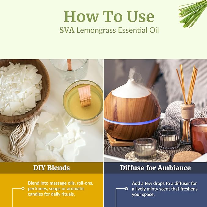 SVA Lemongrass Essential Oil – 4 Fl Oz – 100% Natural Lemongrass Oil - for Diffuser, Hair Care, Face, Skin Care, Aromatherapy, Scalp and Body Massage, Soap and Candle Making - with Dropper-VivaGrace Women