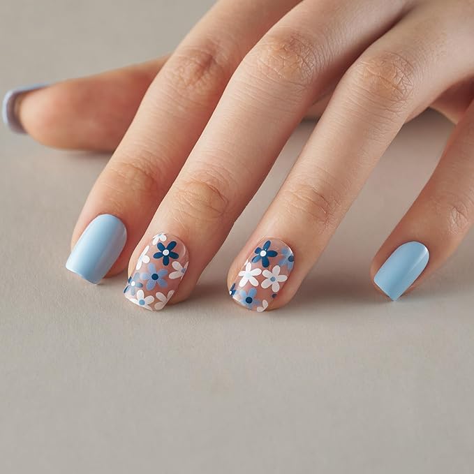 Curvlife Press on Nails Acrylic Fake Nails with Design Full Cover False Nails Reusable Nail Kit with Nail Glue Adhesive Tabs Nail File Artificial Glue on Nails (azure blue flower, 30pcs)