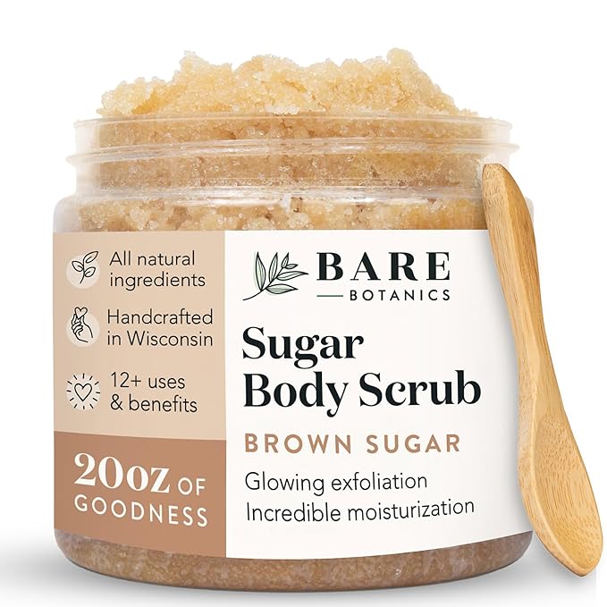 Bare Botanics Brown Sugar Body Scrub 20 oz - Naturally Scented Coconut Vanilla Sugar Scrub Made in Madison, WI - Formulated w/Skin Loving Moisturizers - Vegan, Cruelty Free w/a Cute Wooden Spoon-VivaGrace Women