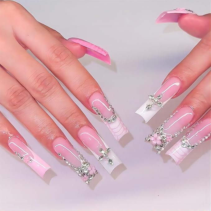 Pink Press on Nails Long Coffin with White French Tip Designs Rhinestones Nails (Pink & White)