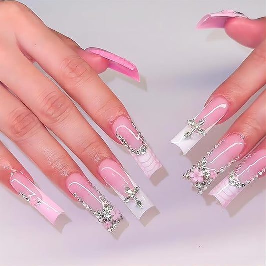 Pink Press on Nails Long Coffin with White French Tip Designs Rhinestones Nails (Pink & White)