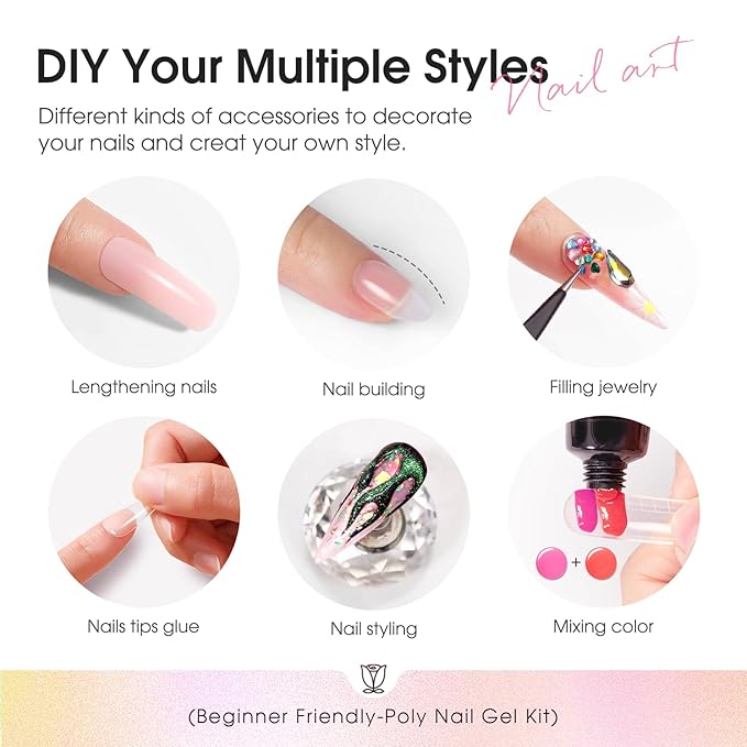 ROSALIND Poly Nail Gel Kit for Beginners - 28 Colors Extension Gel Set with UV/LED Nail Lamp, 72 Accessories (Base/Top Coat, Nail Forms, Tools), Long Lasting Salon Kit for DIY Manicure-VivaGrace Women