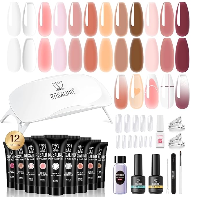 ROSALIND Poly Nail Gel Kit -12 Colors + Nail Art Accessories kit Clear Nude Poly Nails Gel Kit Starter Kit With Slip Solution Pro Nude Pink Nail Extensions Gel Set with Mini UV Lamp-VivaGrace Women
