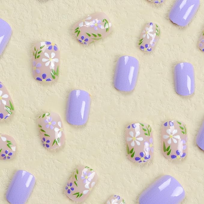 OCOUYVD Flower Press on Nails Extra Short Purple Fake Nails Spring Floral Designs False Nails Square Full Cover Stick on Acrylic Nails Glue on Nails for Women DIY Nail Art Decoration 24 Pcs